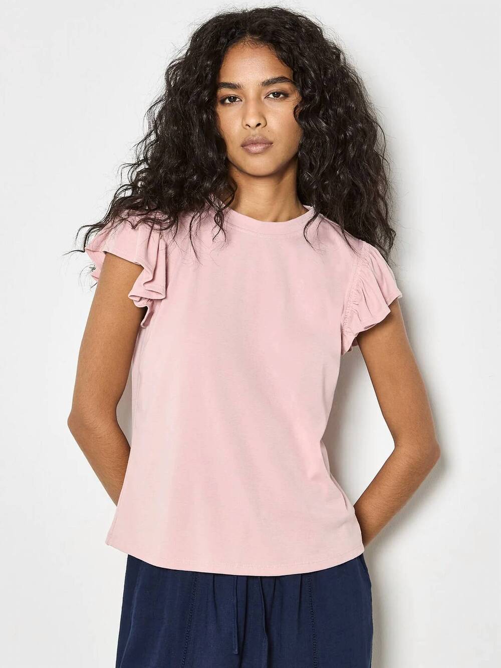 NEW APRICOT women's jersey knit ruffle t shirt in pink